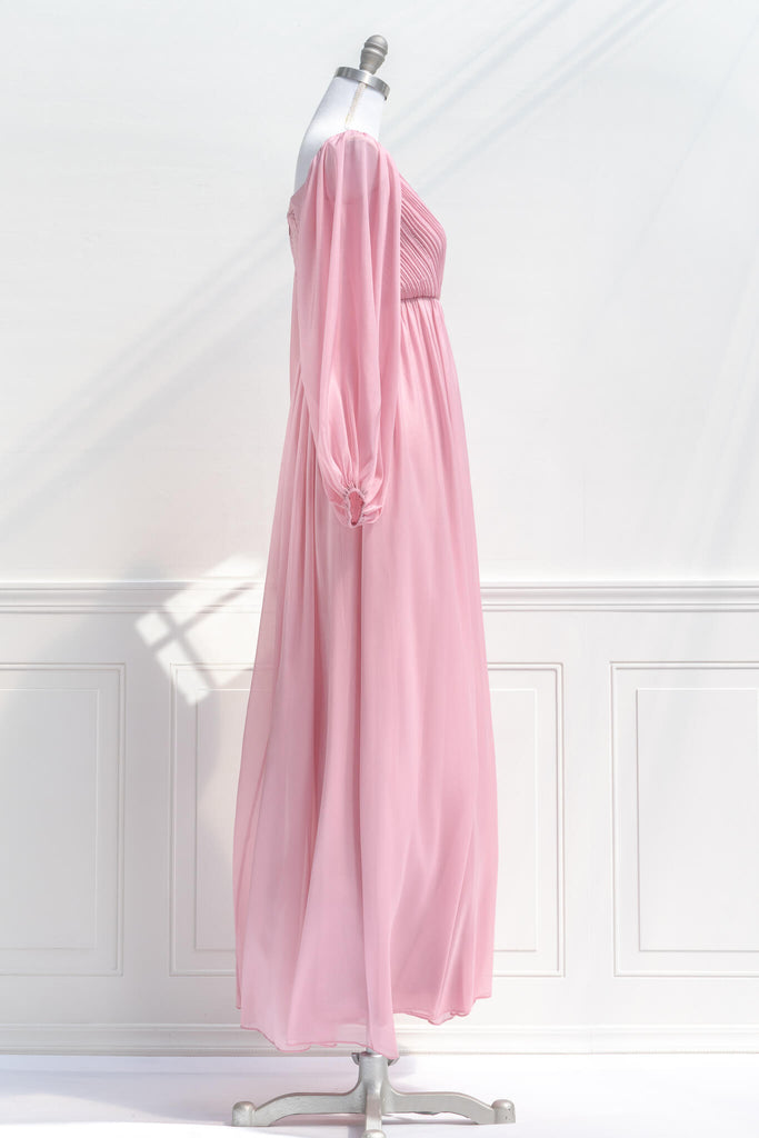 pink dresses - a french and feminine vintage style maxi dress in pink, with long sleeves and modest cut - amantine - profile view 