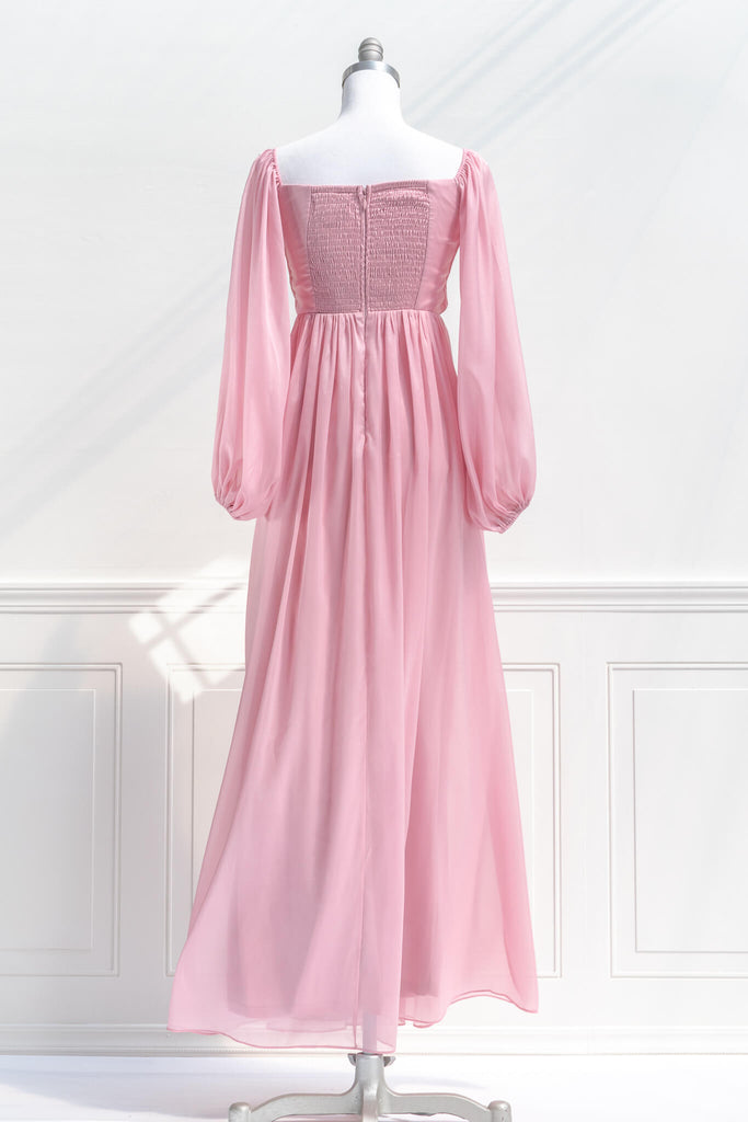 pink dresses - a french and feminine vintage style maxi dress in pink, with long sleeves and modest cut - amantine - back view 