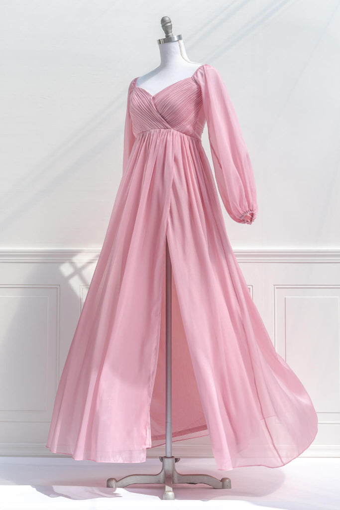 pink dresses - a french and feminine vintage style maxi dress in pink, with long sleeves and modest cut - amantine - side view 