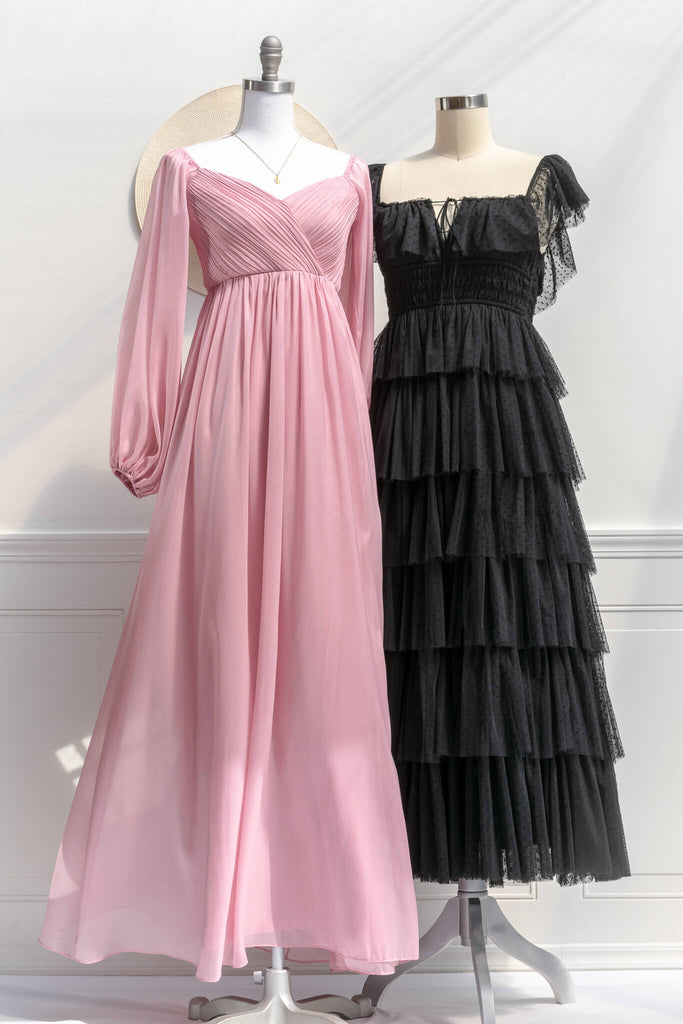 pink dresses - a french and feminine vintage style maxi dress in pink, with long sleeves and modest cut - amantine - next to another cottage core dress view 