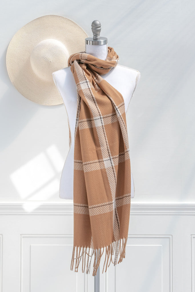 Feminine, french style scarf -simple-yet-chic scarf in a light brown and white plaid - on form view 