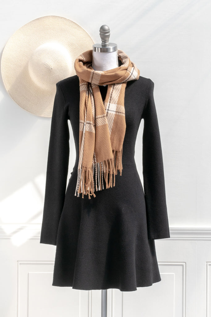 Feminine, french style scarf -simple-yet-chic scarf in a light brown and white plaid - styled with black dress view 