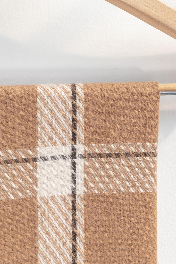 Feminine, french style scarf -simple-yet-chic scarf in a light brown and white plaid - fabric view 