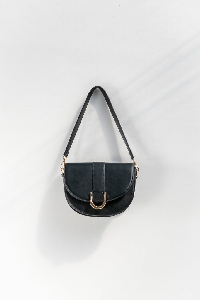 french style crossbody bag in black faux leather and gold buckle - with short handle view 