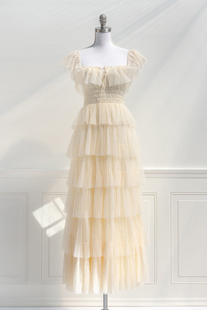 french and vintage style retro dress in cream tulle with tiny polka dots and tiered skirt - feminine  amantine - front view