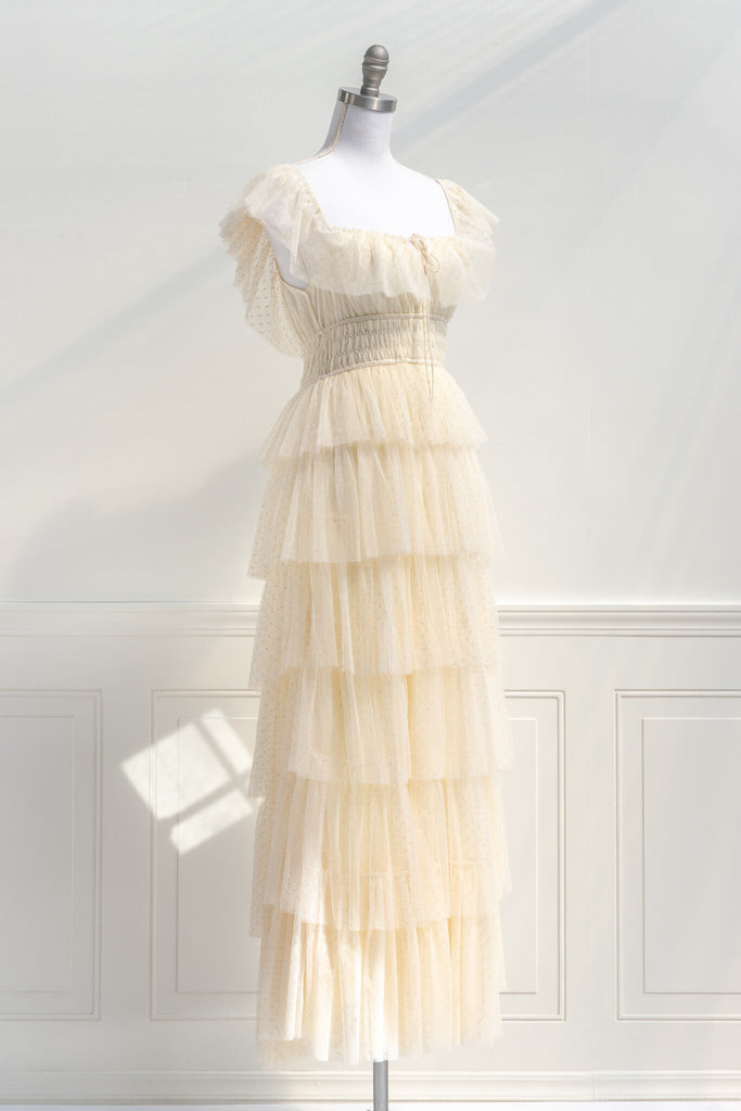 french and vintage style retro dress in cream tulle with tiny polka dots and tiered skirt - feminine  amantine - quarter view