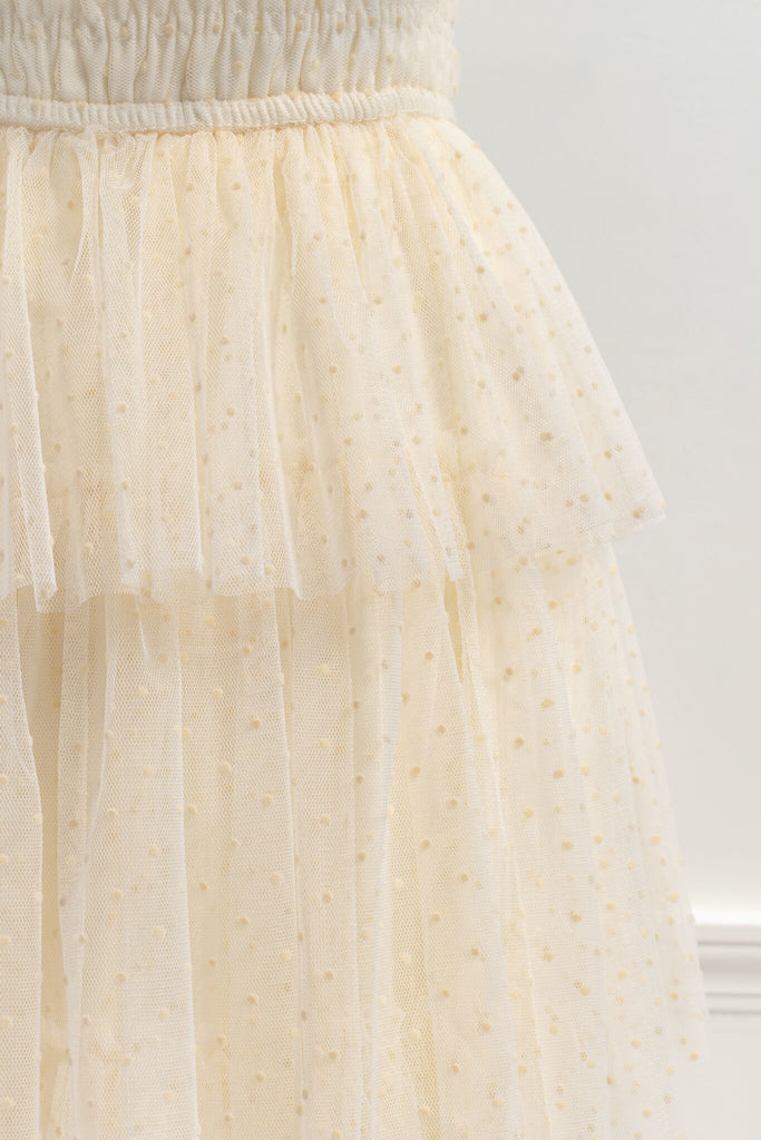 french and vintage style retro dress in cream tulle with tiny polka dots and tiered skirt - feminine  amantine - up close fabric  view