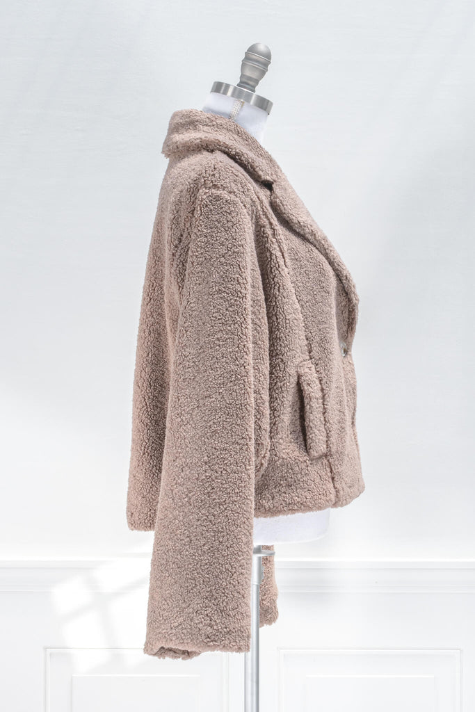 French feminine tops - a feminine winter sherpa coat in taupe - french and feminine outerwear - amantine - side view  
