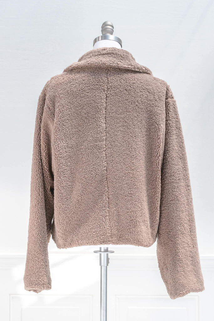 French feminine tops - a feminine winter sherpa coat in taupe - french and feminine outerwear - amantine - back view  