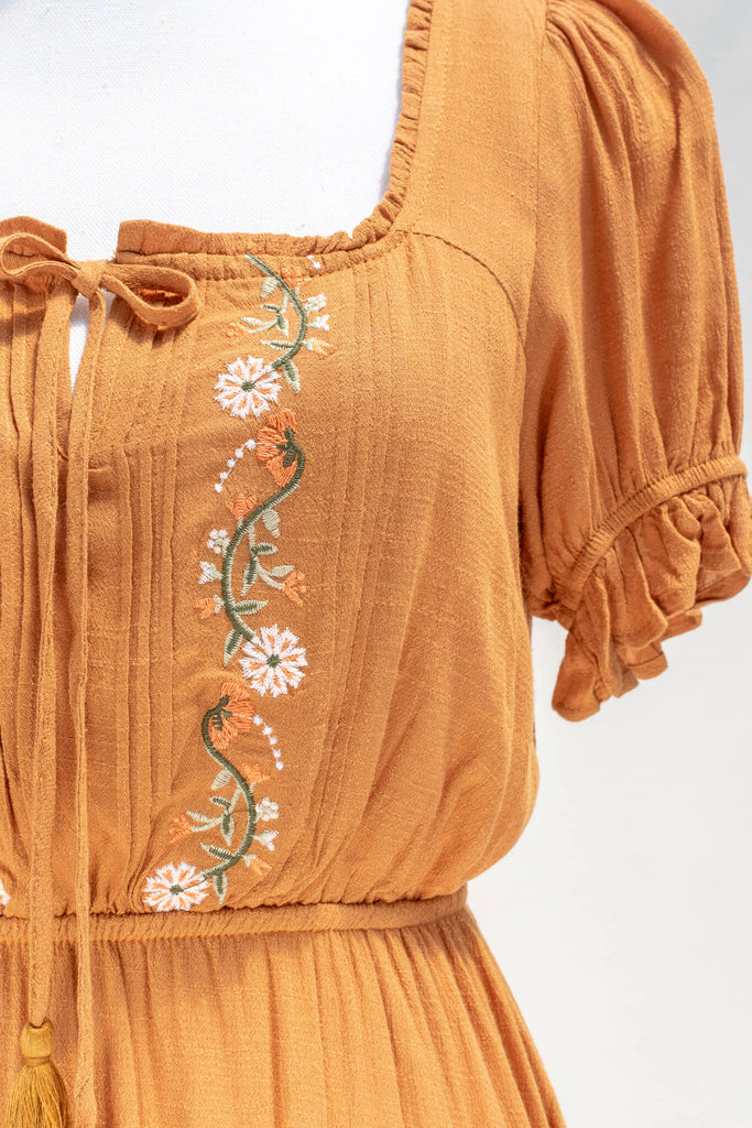 french dresses - vintage and feminine style - an autumn aesthetic orange dress with floral embroidered details - floral embroidery view