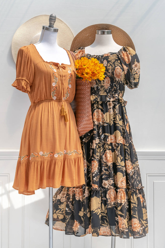french dresses - vintage and feminine style - an autumn aesthetic orange dress with floral embroidered details - styled with another feminine french dress view