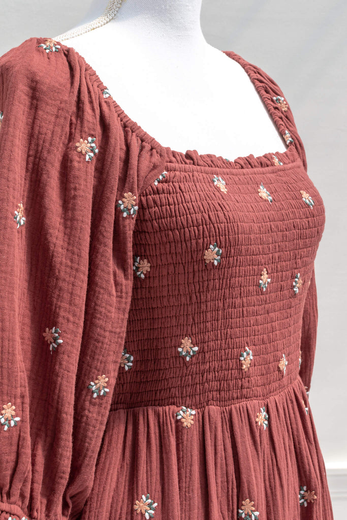 cottage core dresses - french and feminine inspired red rust embroidered dress - cottagecore dress - amantine - bust detail view