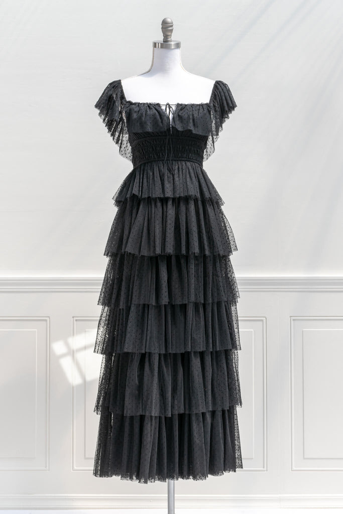 french dress - feminine and romantic style - a black tulle dress in tiers - amantine - front view 