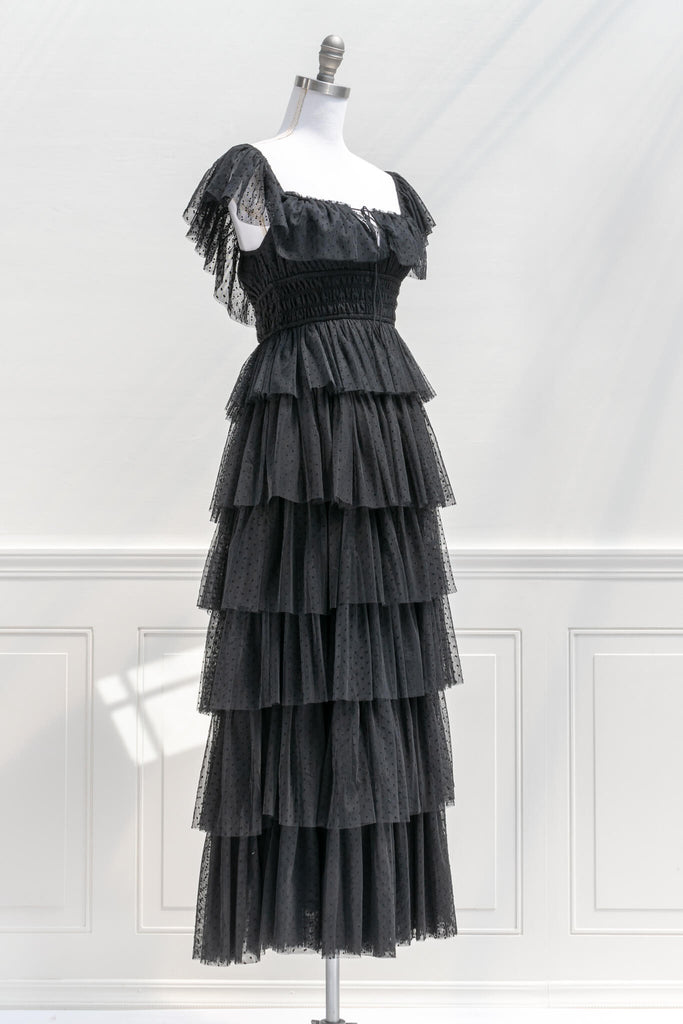 french dress - feminine and romantic style - a black tulle dress in tiers - amantine - quarter view 