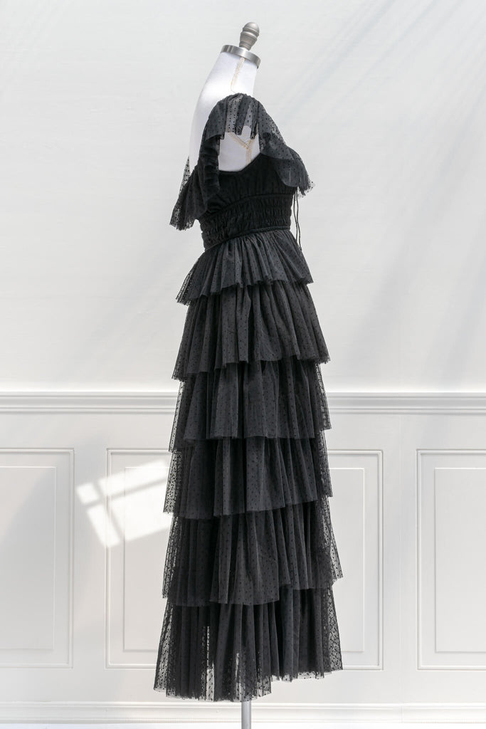 french dress - feminine and romantic style - a black tulle dress in tiers - amantine - side view 