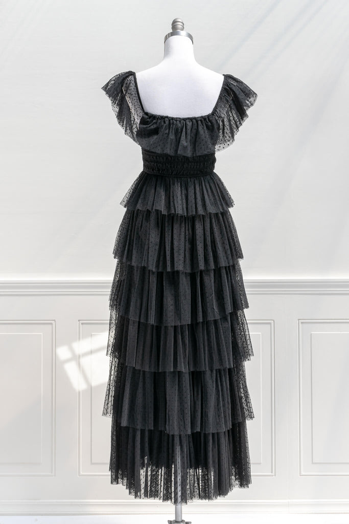 french dress - feminine and romantic style - a black tulle dress in tiers - amantine - back view 