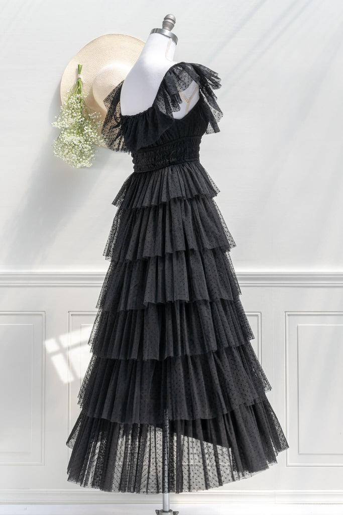 french dress - feminine and romantic style - a black tulle dress in tiers - amantine - quarter back view 