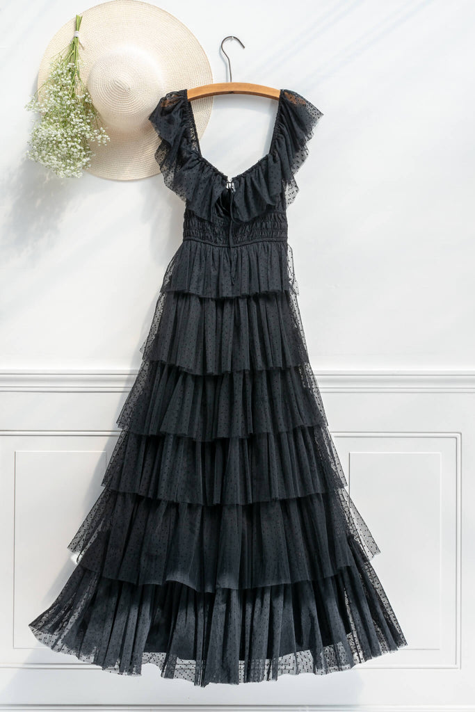 french dress - feminine and romantic style - a black tulle dress in tiers - amantine - front view on hanger