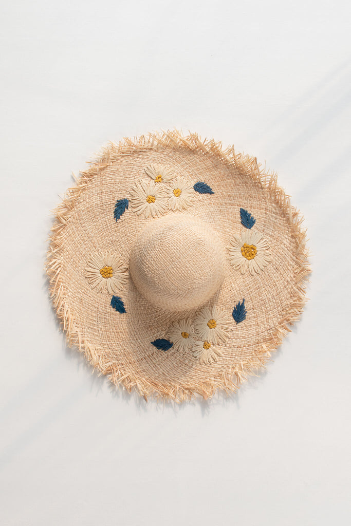 aesthetic beach hat - feminine french style woven sun hat with flower motif on brim