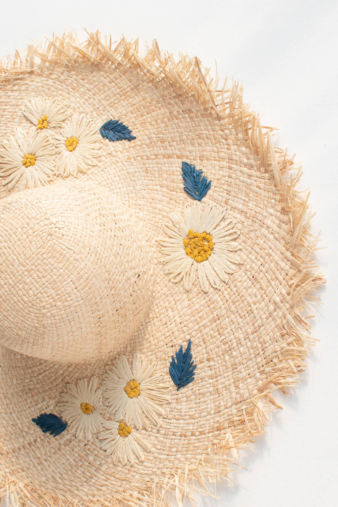 aesthetic beach hat - feminine french style woven sun hat with flower motif on brim - up close detail 