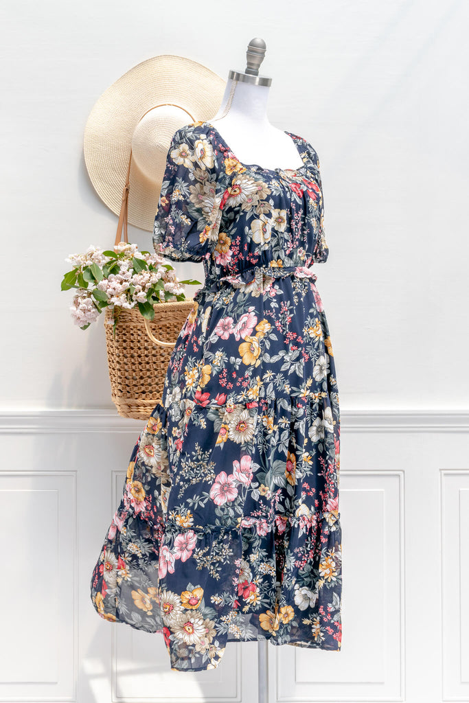 cottagecore dresses - a blue floral square neckline modest dress- amantine quarter view 