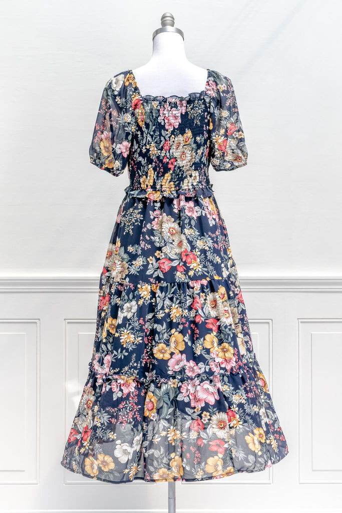 cottagecore dresses - a blue floral square neckline modest dress- amantine back view 