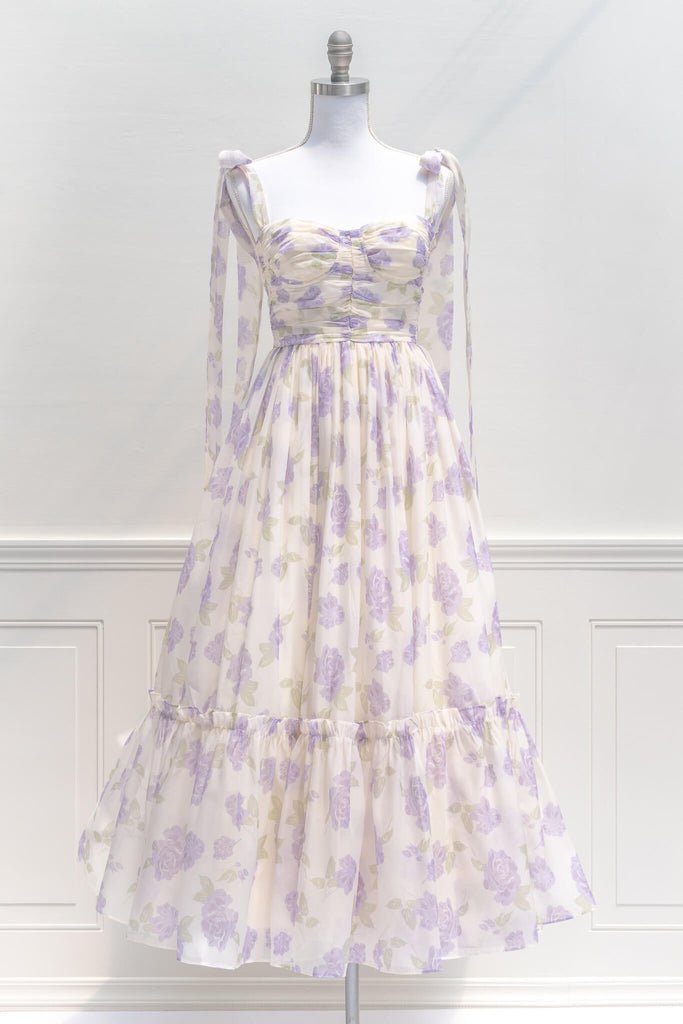 aesthetic clothes - amantine - a feminine french dress in lavender floral print with tie shoulder straps - amantine - front view