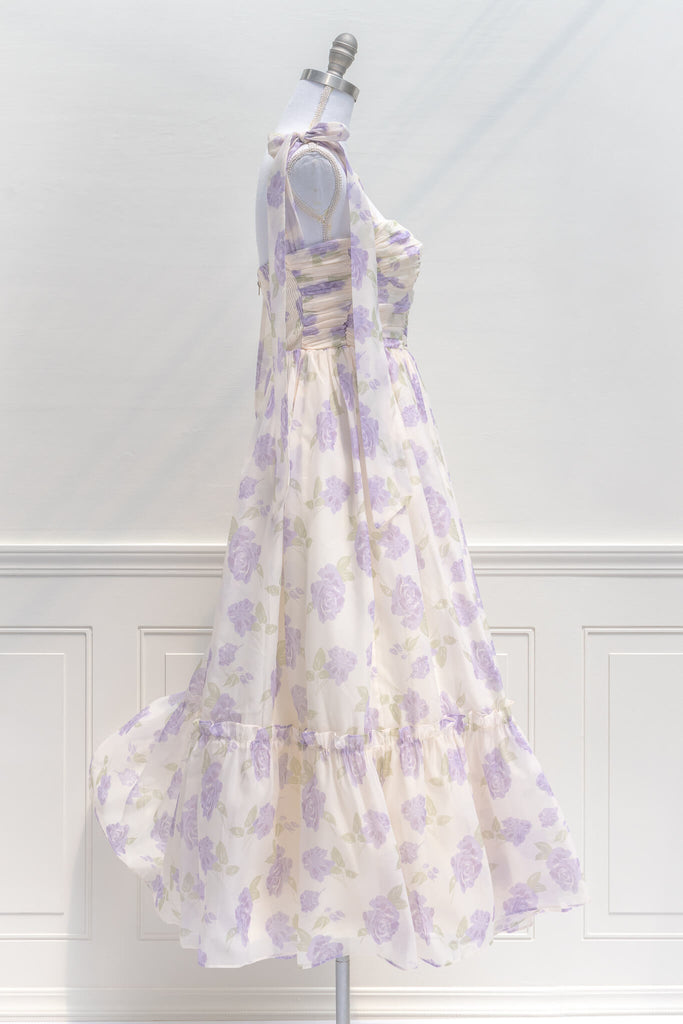 aesthetic clothes - amantine - a feminine french dress in lavender floral print with tie shoulder straps - amantine - side view