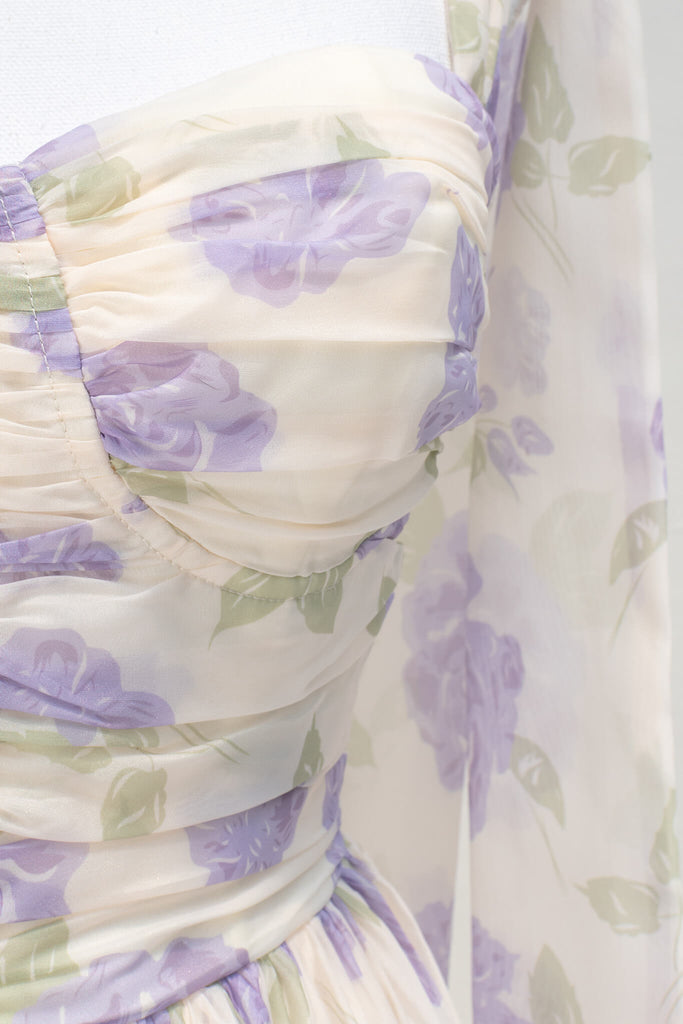 aesthetic clothes - amantine - a feminine french dress in lavender floral print with tie shoulder straps - amantine - fabric detail view
