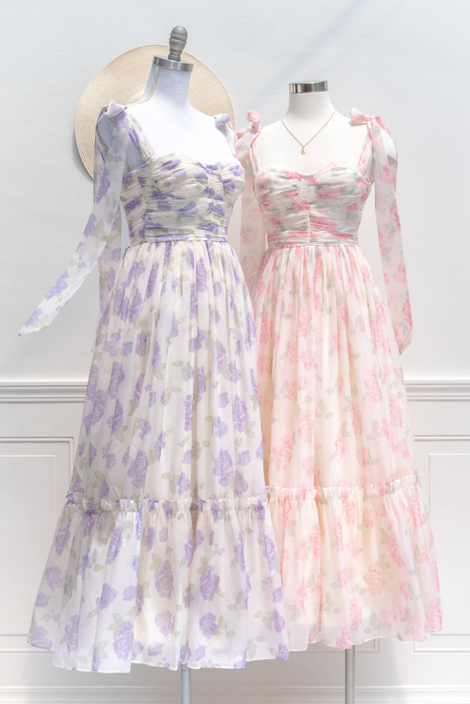aesthetic clothes - amantine - a feminine french dress in lavender floral print with tie shoulder straps - amantine - front view