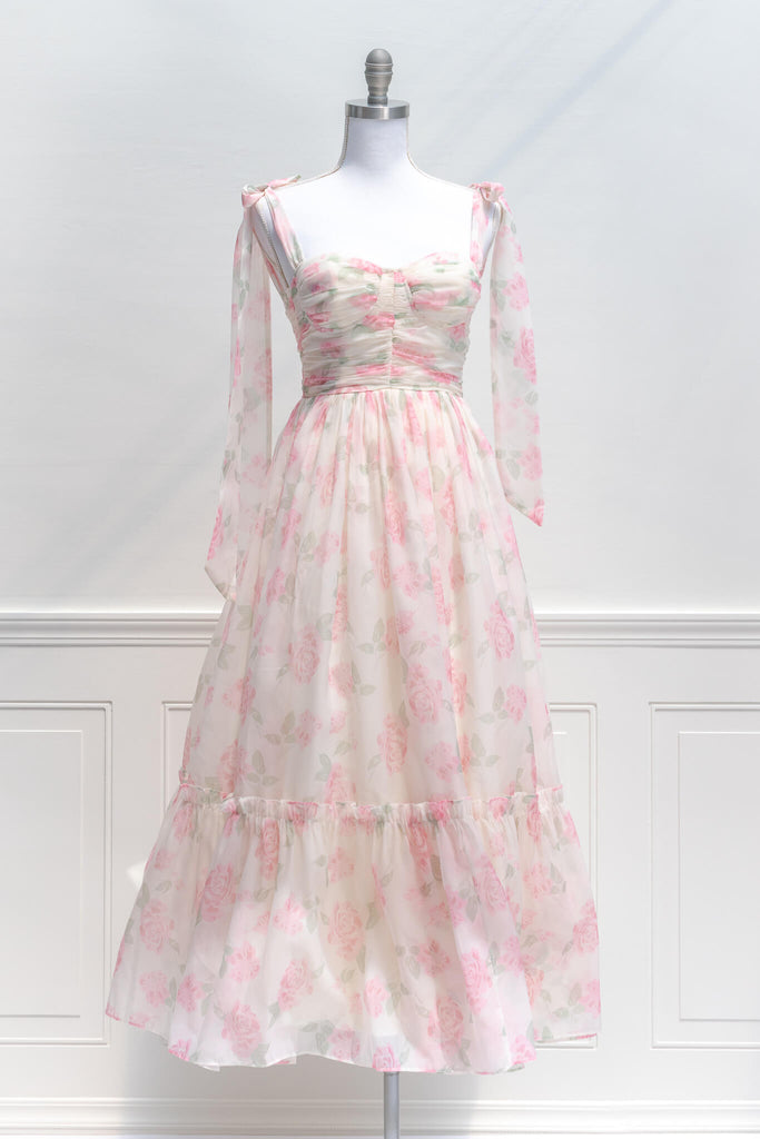 aesthetic clothes - amantine - a feminine french dress in pink floral print with tie shoulder straps - amantine - front view