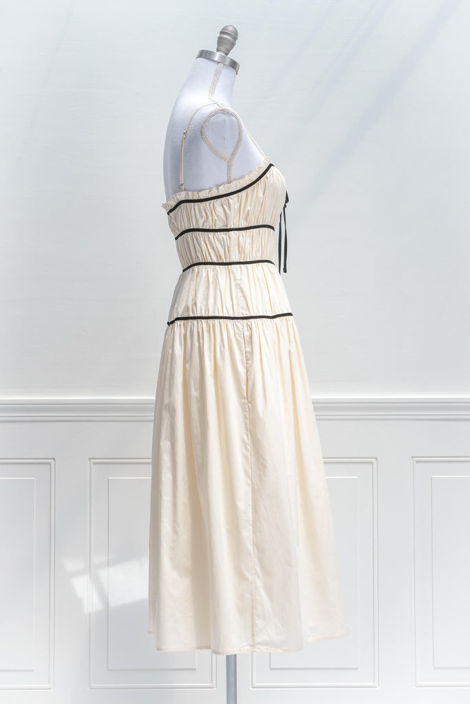 aesthetic clothes - feminine style 50s vintage inspired dress - cream midi size with velvet trim - front view - amantine