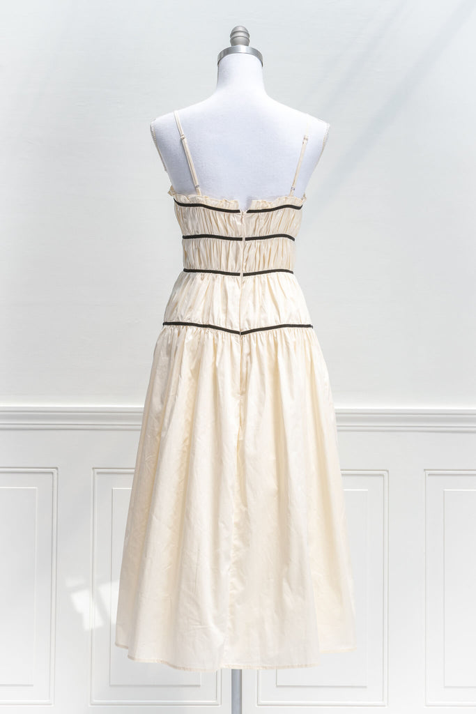 aesthetic clothes - feminine style 50s vintage inspired dress - cream midi size with velvet trim - back view - amantine