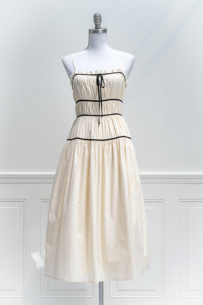 aesthetic clothes - feminine style 50s vintage inspired dress - cream midi size with velvet trim - front view - amantine