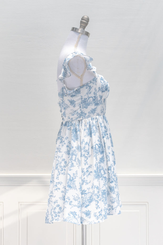 vintage style dresses inspired by french fashion - a beautiful mini dress in blue and white toile print fabric - summer dress - amantine - side view 