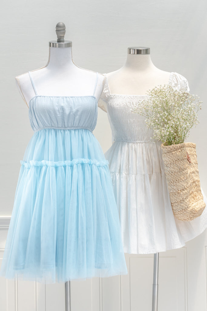 vintage style dresses inspired by french fashion - a beautiful mini dress in blue tulle fabric - summer dress - amantine - front view 