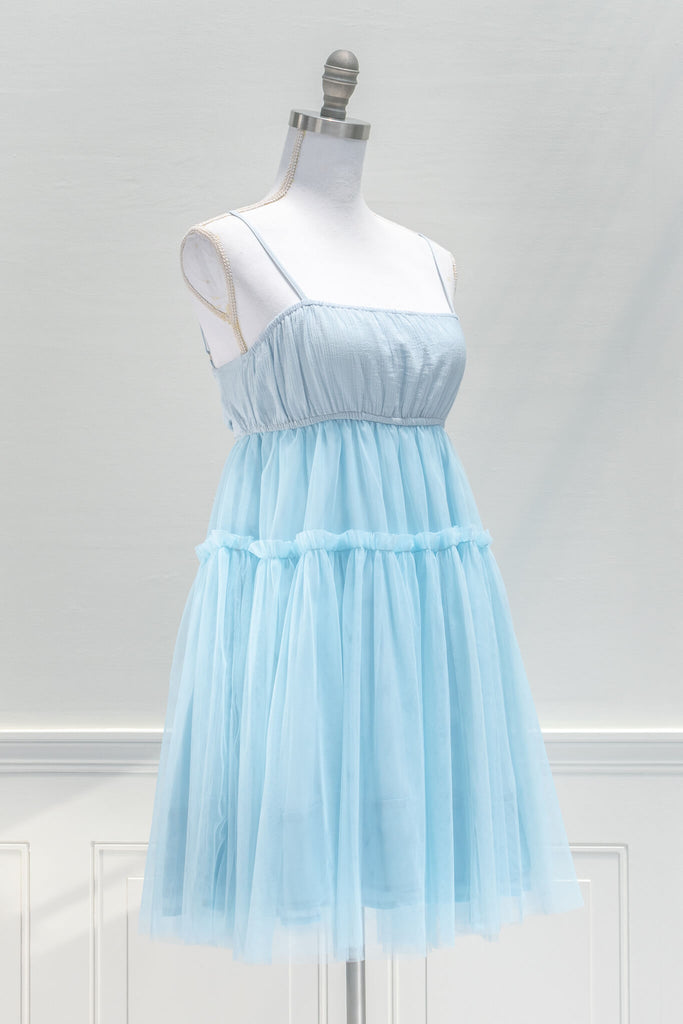 vintage style dresses inspired by french fashion - a beautiful mini dress in blue tulle fabric - summer dress - amantine - quarter view 