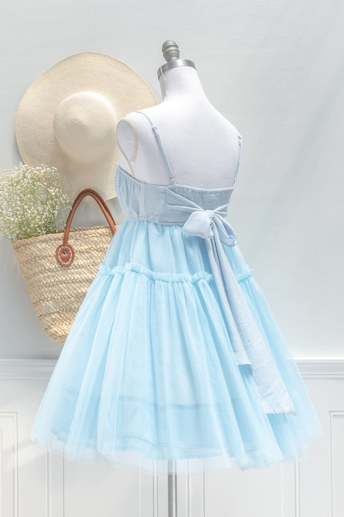 vintage style dresses inspired by french fashion - a beautiful mini dress in blue tulle fabric - summer dress - amantine - back view 