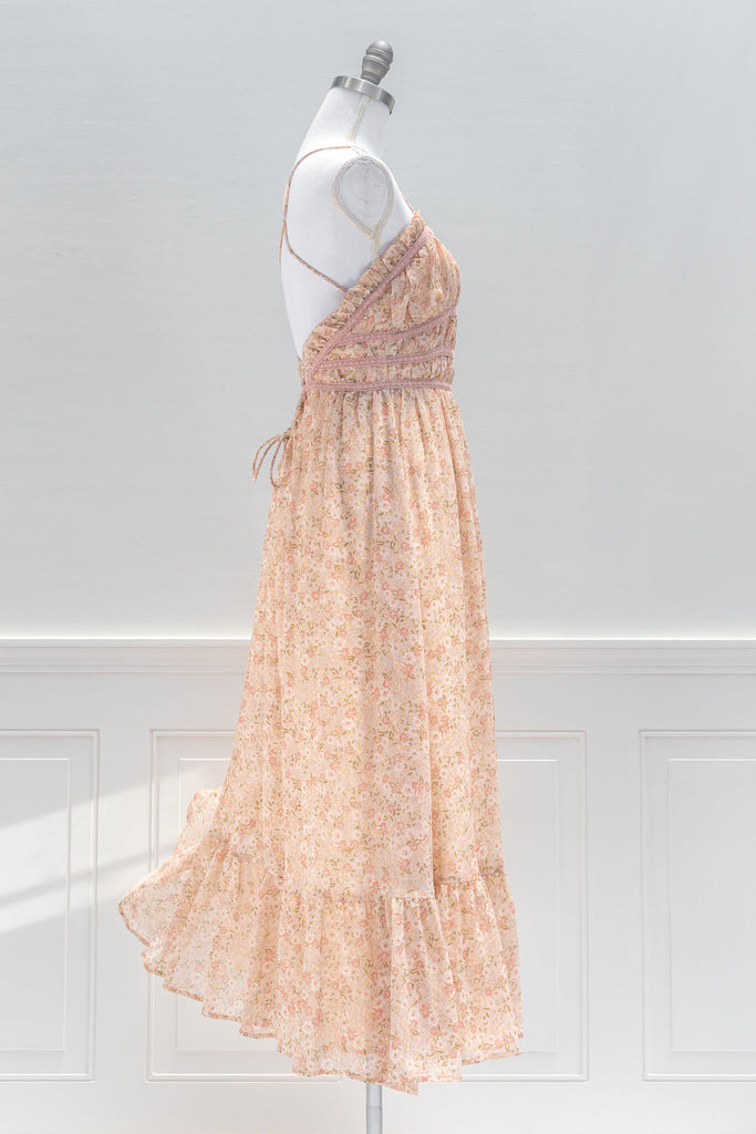 French Dresses - A feminine aesthetic maxi in lovely pink floral chiffon features lace-edged details, a sweetheart neckline, and unique, open corset-style back. side view 