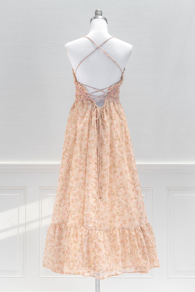 French Dresses - A feminine aesthetic maxi in lovely pink floral chiffon features lace-edged details, a sweetheart neckline, and unique, open corset-style back. back view 