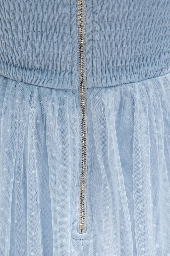 French Dress and Feminine aesthetic - a lovely dress in blue swiss dot tulle featuring dramatic tie-shoulder, center-back zipper, a ruched bustier-style sweetheart bodice. Amantine- fabric and zipper view