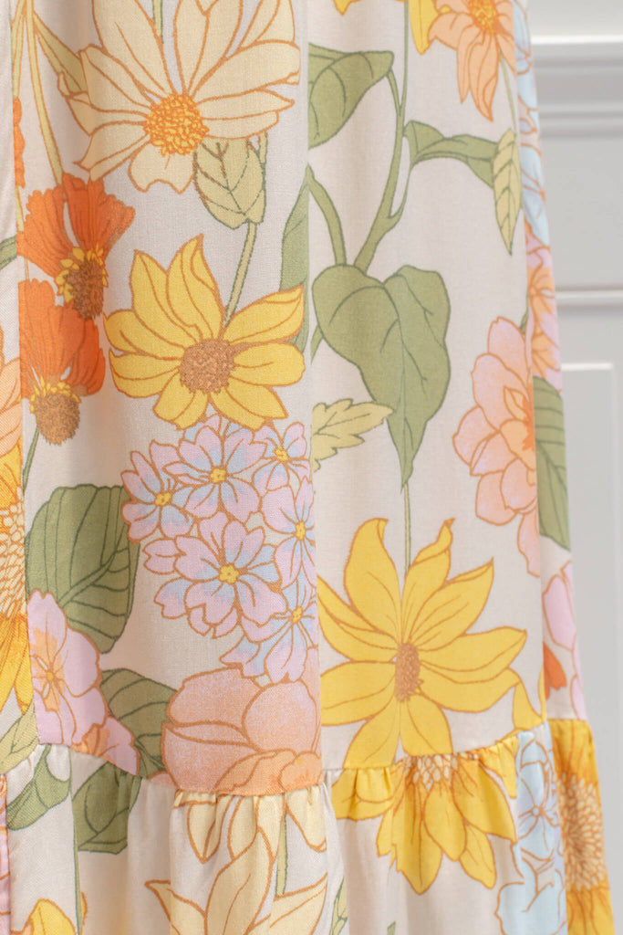 French Dresses - a Maxi in yellow and green florals features a faux-wrap v-neckline, a removable waist tie, shorts sleeves, and elastic waistline for a comfortable fit. Amantine clothing - fabric view 
