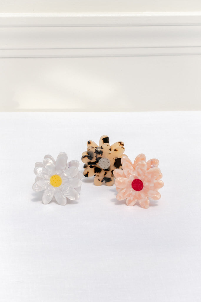 french and feminine hair accessories - a bundle of three flower hair claw clips in white, pink and tortoiseshell - aesthetic amantine