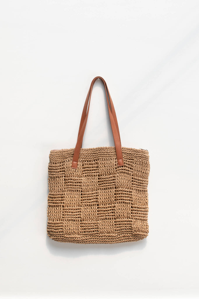 french market woven tote - a square pattern large tote in tan with brown straps
