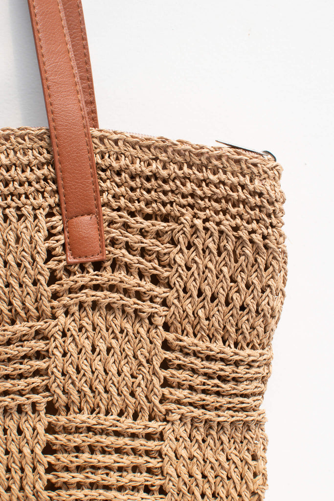 french market woven tote - a square pattern large tote in tan with brown straps - up close detail picture