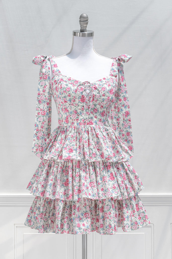 aesthetic clothes and feminine dresses from amantine - a tiered skirt, sweetheart neckline, mini pink floral dress for summer - front view