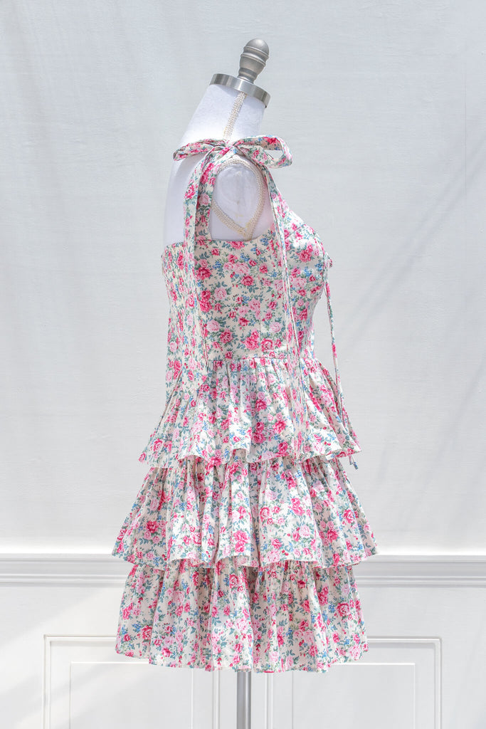 aesthetic clothes and feminine dresses from amantine - a tiered skirt, sweetheart neckline, mini pink floral dress for summer - side view