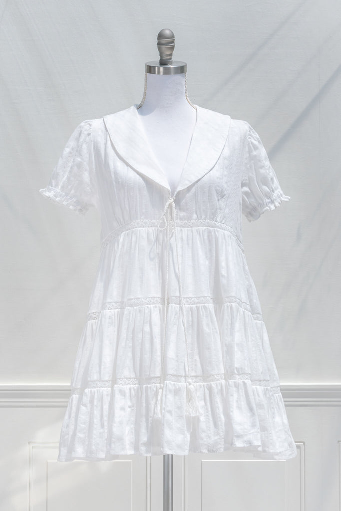 aesthetic clothes and cute dresses - amantine - a little white dress with short sleeves and sailor collar made of cotton and lace embroidery in white. front view