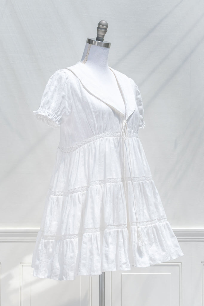 aesthetic clothes and cute dresses - amantine - a little white dress with short sleeves and sailor collar made of cotton and lace embroidery in white. quarter view