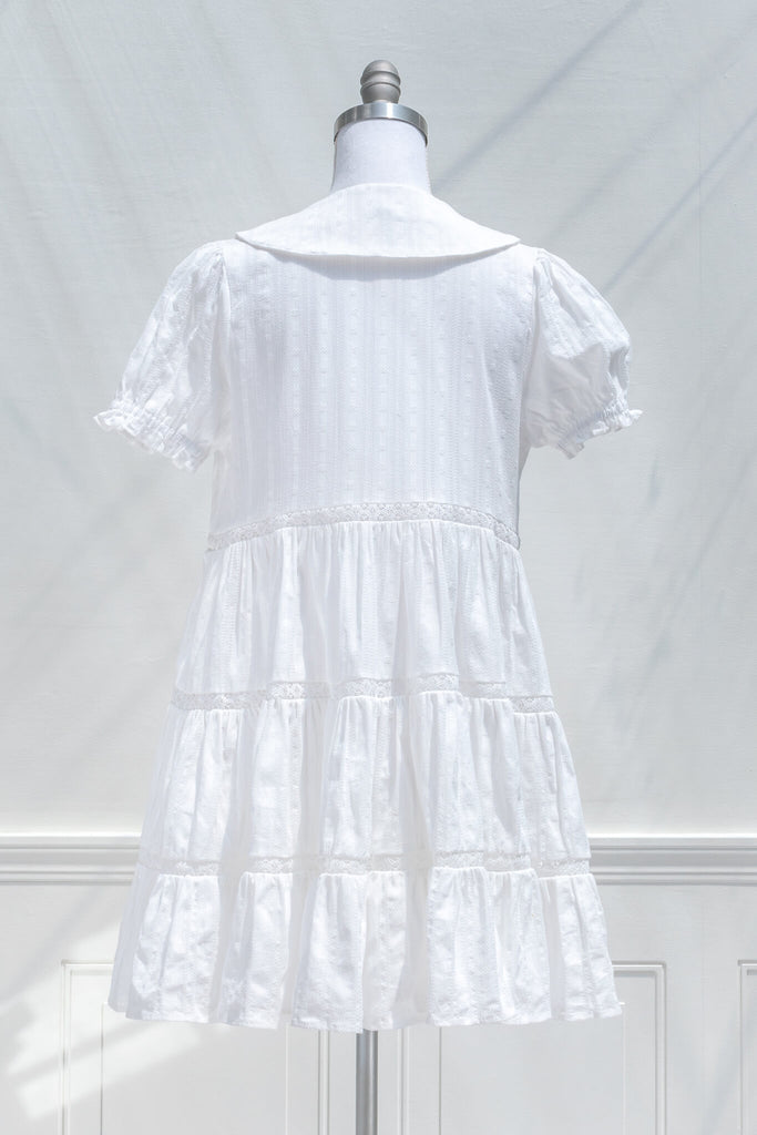 aesthetic clothes and cute dresses - amantine - a little white dress with short sleeves and sailor collar made of cotton and lace embroidery in white. back view